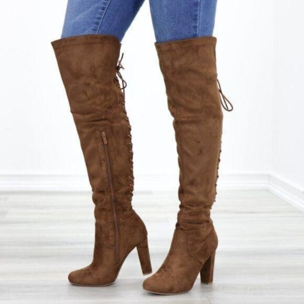 Suede Over The Knee Heeled Boots With Lace Up Back